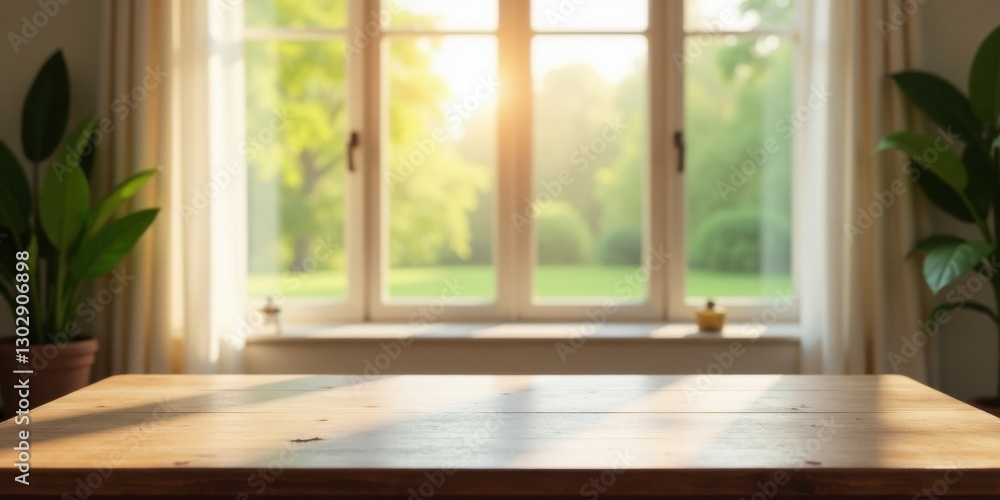 Fototapeta premium Sunlight Illuminates a Wooden Table Beside a Window with Lush Greenery Outside
