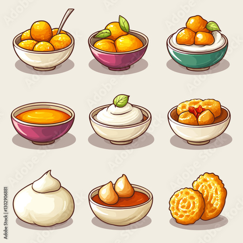 Cartoon Assortment of Sweet Indian Desserts in Bowls Illustration