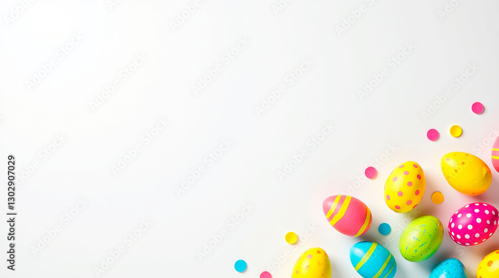 photo on a white background with scattered Easter eggs and space for text photo on a white background with scattered Easter eggs and space for text