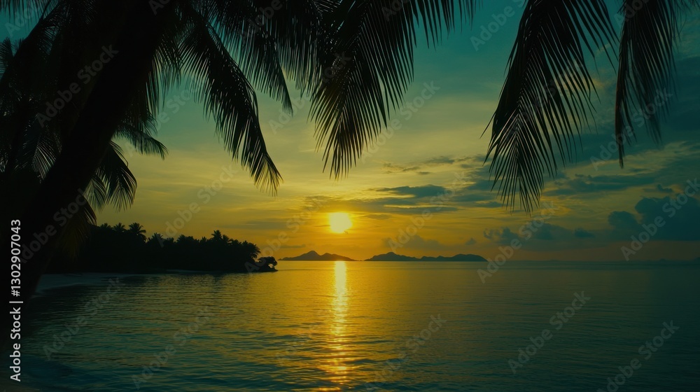 Fototapeta premium Tropical Beach Sunset with Palm Trees Silhouettes and Golden Water