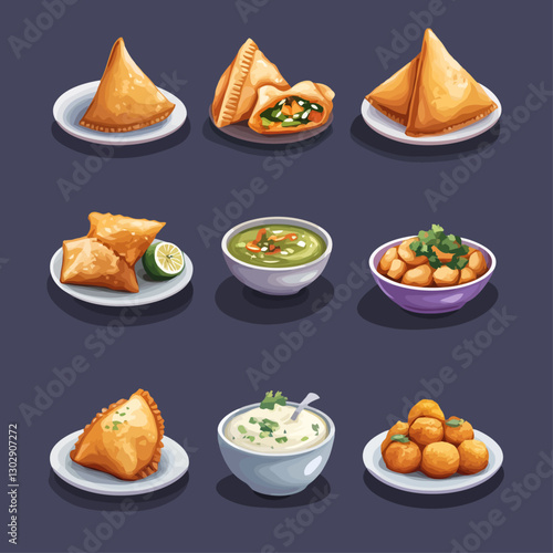 Assorted Indian Snacks: Samosas, Dips, and Fried Dough Balls Still Life