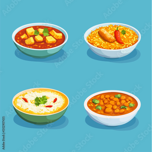 Bowls of Indian Cuisine: Paneer Butter Masala, Biryani, Rice, and Chana Masala
