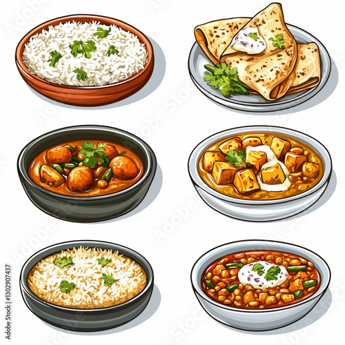 Delicious Indian Cuisine Dishes: Rice, Curry, Roti Food Assortment
