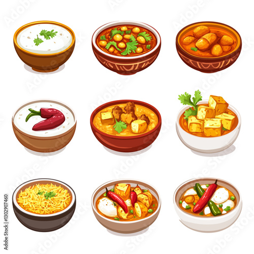 Assorted Indian Cuisine Bowls: Curry, Biryani, Paneer, Chana Masala Dishes