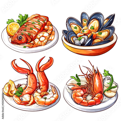 Cartoon seafood platter featuring grilled fish, shrimp, mussels, lobster