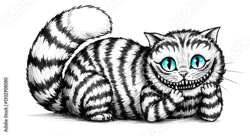 Cheshire Cat Illustration with Stripes and Blue Eyes