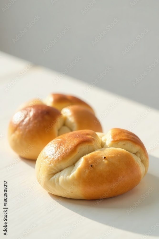 Golden-brown baked goods arranged on a bright surface bathed in sunlight Golden-brown baked goods arranged on a bright surface bathed in sunlight