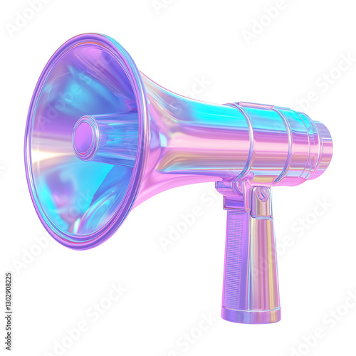Holographic rainbow megaphone, transparent background PNG format, perfect for advertising design and promotion use, futuristic style, beautifully presented.