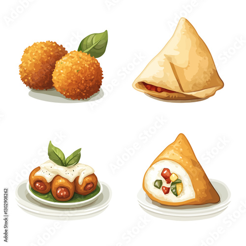 Assorted Gourmet Appetizers Featuring Samosas and Crispy Fried Balls