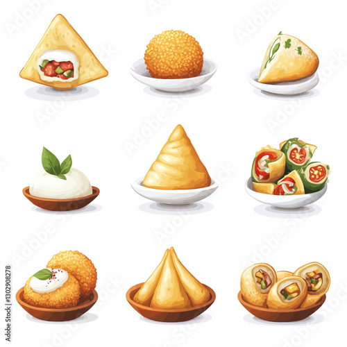 Assorted Middle Eastern appetizers with falafel and samosas on plates