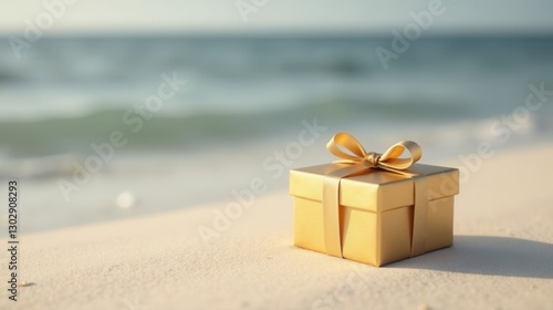 A Golden Gift Box on a Sandy Beach, with the Ocean in the Background, Representing a Surprise or a Treasure Found