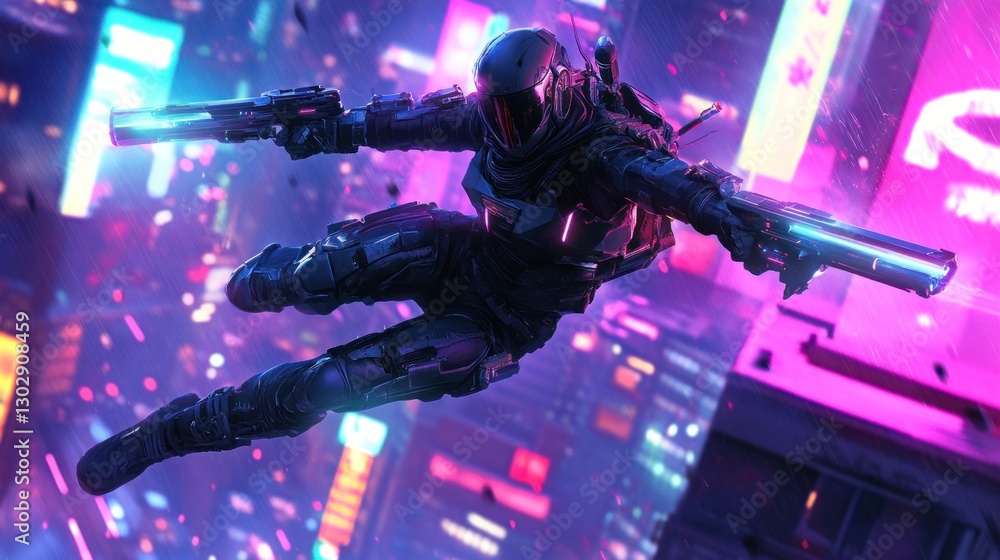 Cyberpunk City Action: Neon-lit Nighttime Assault