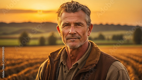 A confident farmer stands in his golden field at sunset, embodying the spirit of agriculture.