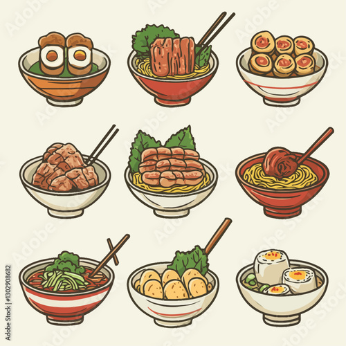 Various bowls of Asian noodle soups, ramen, and Udon vector illustration