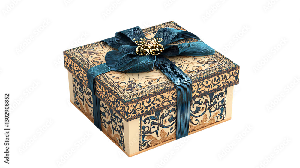 Elegant gift box with teal ribbon and ornate design. Elegant gift box with teal ribbon and ornate design.