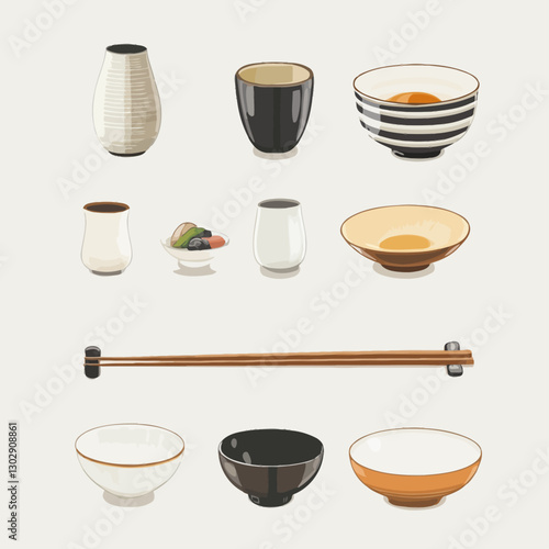 Japanese dining aesthetic featuring ceramic bowls, cups, and chopsticks
