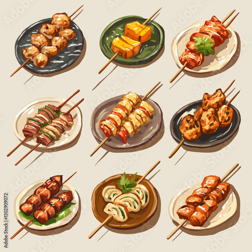 Assorted Skewers of Yakitori, Tamagoyaki, Tsukune, and other savory dishes