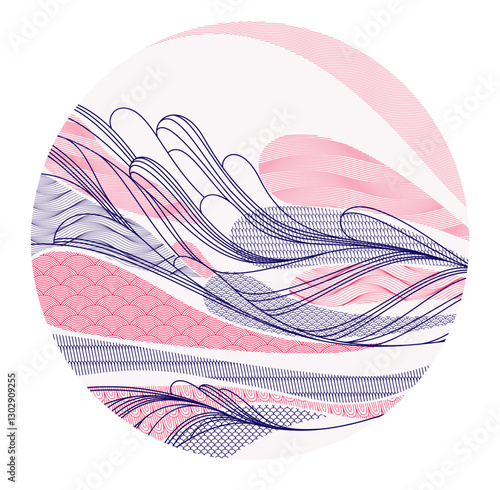 Oriental Japanese style vector abstract illustration in a shape of circle, background in Asian traditional style, wavy shapes and mountains terrain, runny like sea lines.