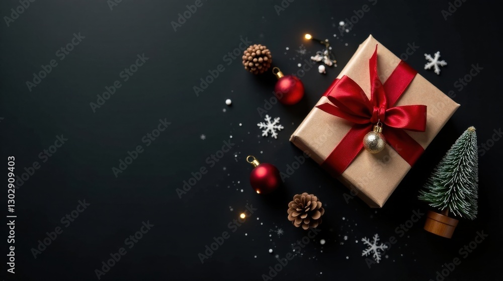 Obraz premium A Festive Gift Presentation with a Red Ribbon, Ornaments, and Miniature Tree on a Dark Background
