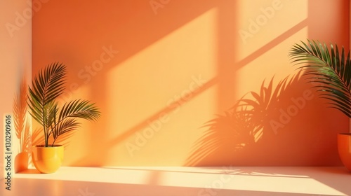 Wallpaper Mural Warm Sunlight Illuminates Two Potted Plants Casting Long Shadows Against a Peach-Colored Wall Torontodigital.ca