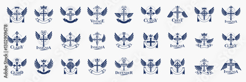 Crosses secrets emblems vector emblems big set, Christian religion heraldic design elements collection, classic style heraldry symbols, antique designs.