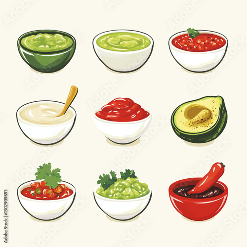 Assorted flavorful dipping sauces in bowls, including avocado and salsa
