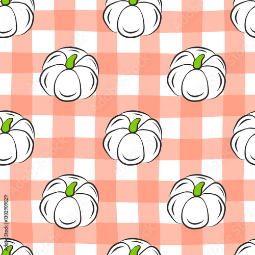 Fresh vegetable seamless pattern with pumpkins. Flat isolated vector fabric print template. Thanksgiving, harvesting concept backdrop. Farm food wrapping paper. Illustration in flat outline style.