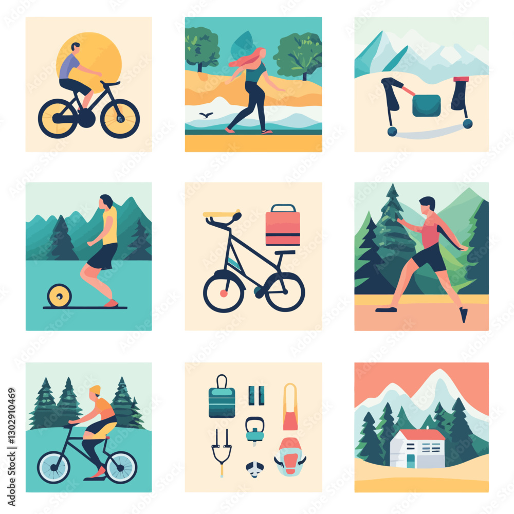 Fototapeta premium Diverse active lifestyle icons set for health fitness and outdoor activity