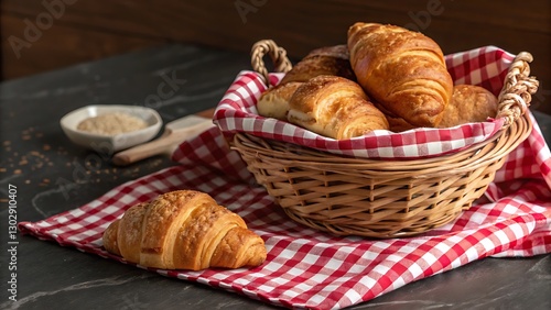 Freshly baked croissants in wicker basket on red checkered cloth