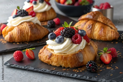 Freshly baked croissants with berries and cream topping on slate plates