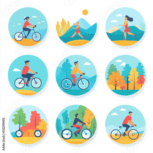 Active Lifestyle Vector Illustration Featuring Cyclists and Runners Outside