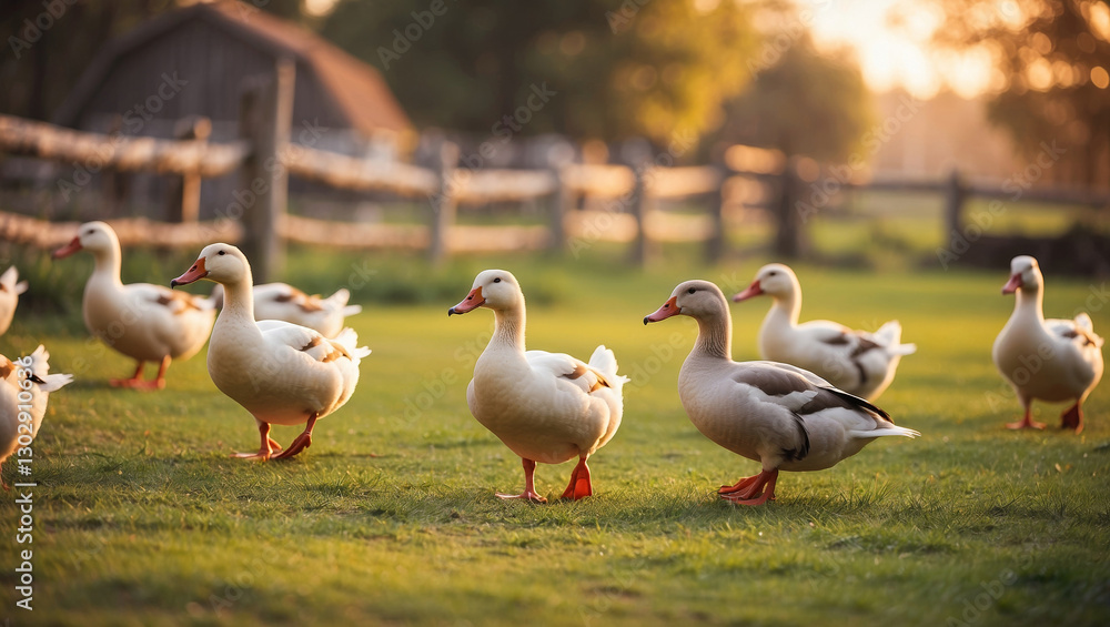 A group of domestic geese stroll across the lush green grass on a peaceful farm in the countryside. A group of domestic geese stroll across the lush green grass on a peaceful farm in the countryside.