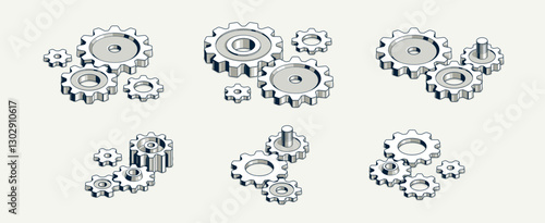Invention renovation and development concept set, gears and cogs composition isometric 3D vector illustration, technology theme, machinery and engine creation.