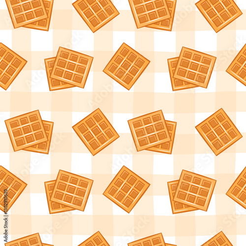 Waffle seamless pattern. Vector sweets illustration. Bakery wallpaper design element. Menu graphic sugar food. Cartoon, flat doodle drawing outline sketch style. Fabric print template.