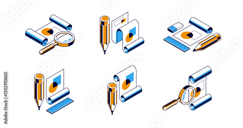 Engineering project concept set, paper document blueprint with pencil engineer work job vector 3D isometric illustration, abstract plan drawing, cad scheme icon.