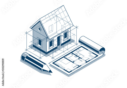 House project implementation embodiment concept, 3D isometric vector illustration of a small house building project, construction architectural model, idea in progress.