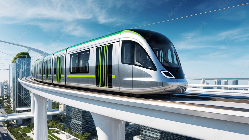 Naklejka premium A sleek, elevated train glides through a futuristic city showcasing innovation in urban transportation.
