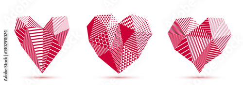 Low poly pattern geometric heart vector icons or logos set, graphic design 3d love theme element, polygonal dimensional heart.