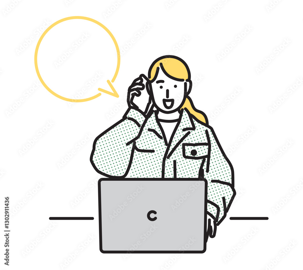 シンプル　イラスト　問い合わせに笑顔で応じる作業着の女性