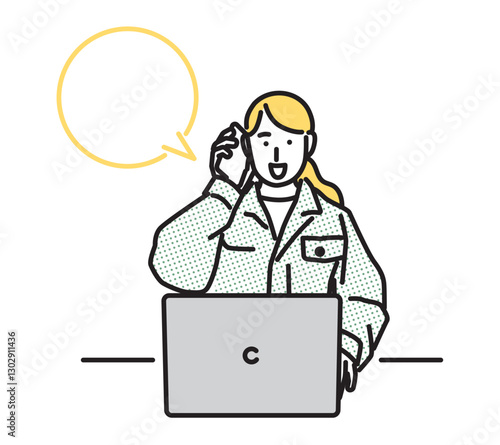 シンプル　イラスト　問い合わせに笑顔で応じる作業着の女性