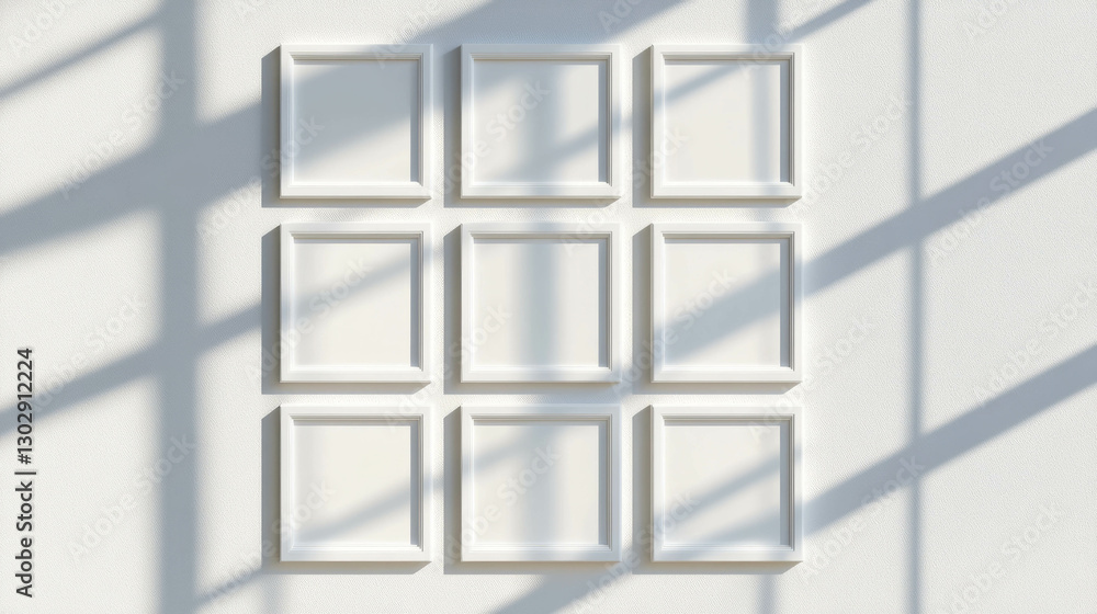 Fototapeta premium Modern home decor concept: grid of nine small white frames in minimalist style for interior design