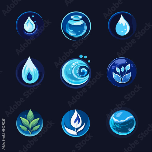 Collection of illustrated icons of water elements in different forms