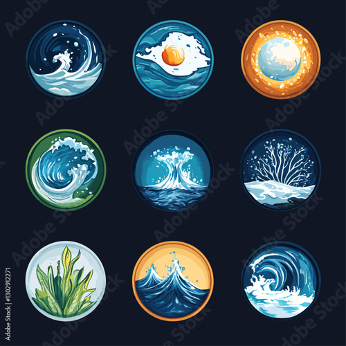 Elemental Icon Set: Water, Sun, Earth, Plants, Seasons, and Nature's Cycle