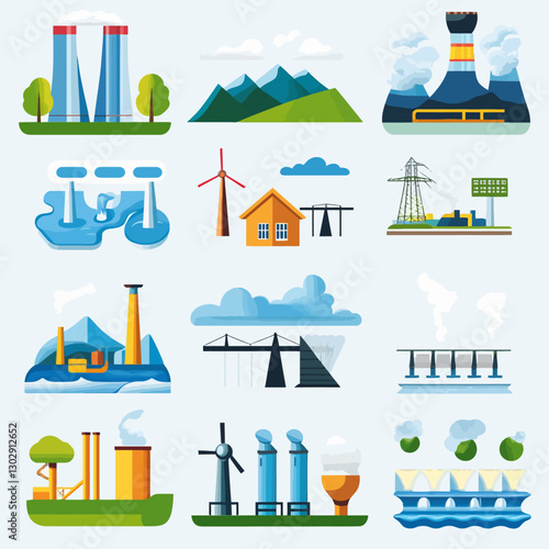 Clean Energy Sources Flat Vector Illustration Icons in Pale Blue Style