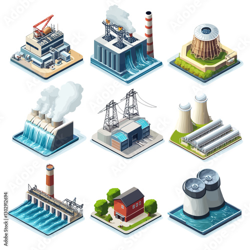Isometric power plants and industrial buildings illustrate energy sector