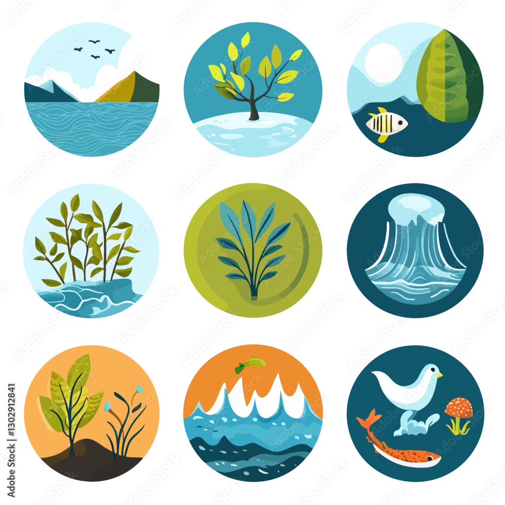 Naklejka premium Nature Icons Set - Landscape Elements, Flora and Fauna in Circles