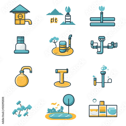 Set of Colorful Vector Icons Depicting Various Water Related Systems