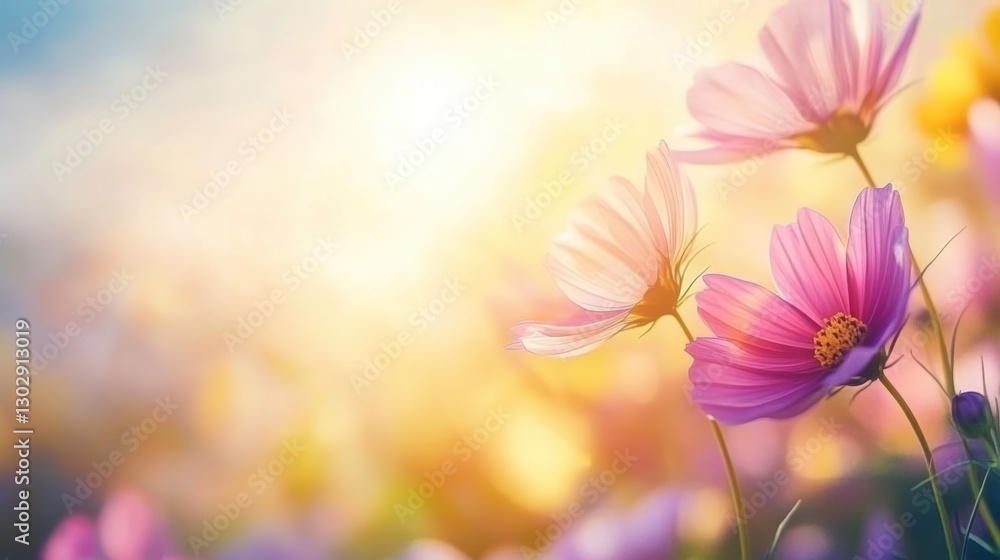 Pink Cosmos Flowers Blooming in a Field with Golden Sunlight Pink Cosmos Flowers Blooming in a Field with Golden Sunlight