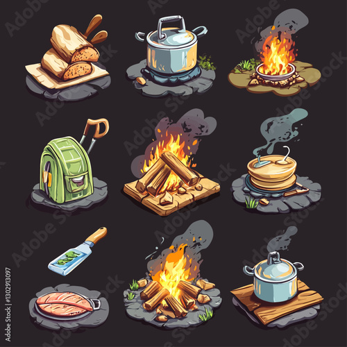 Camping Gear and Food Isometric Set for Outdoor Adventures and Campfire Meals