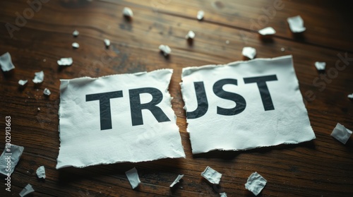 Broken Trust: Torn paper with the word 'Trust' symbolizes fractured relationships and loss of confidence.